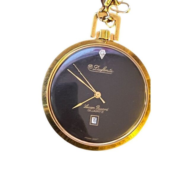 Vtg Dufonte Lucien Piccard Quartz Women’s Watch Necklace Gold Tone Black Face - Picture 3 of 14